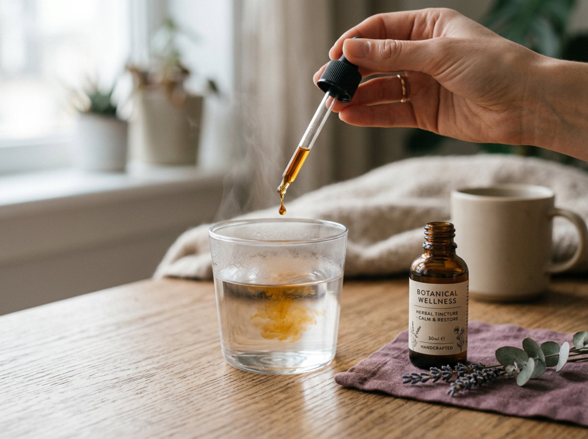 A tincture being added to a drink during a calm wellness ritual.
